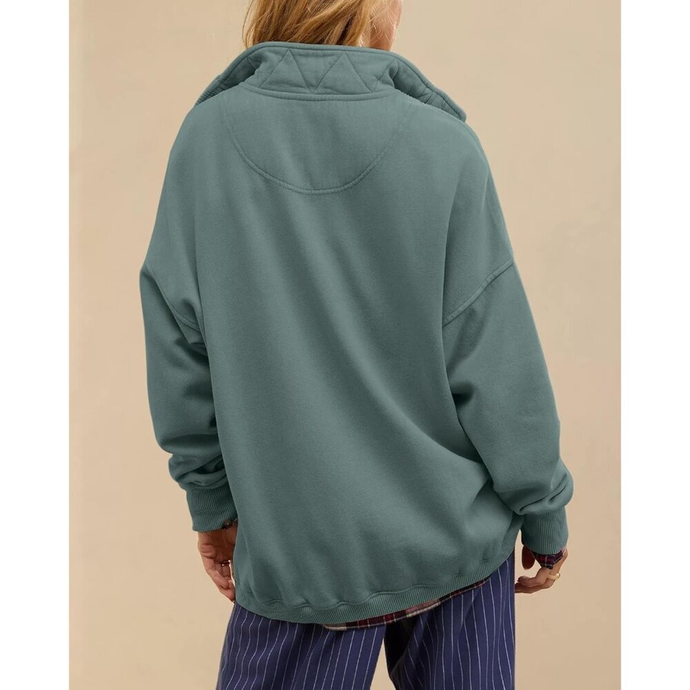 Women Mystical Green Oversized Casual Long Sleeve Henleyneck Pullover Sweatshirt - Picture 3 of 4